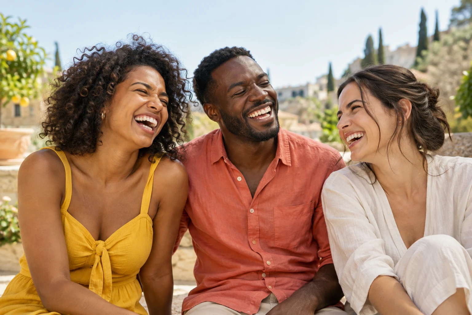 Three friends sharing a big laugh in the sunshine
